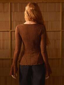 MOTF PREMIUM LACE PATCHWORK V-NECK BELL SLEEVE ROMANTIC WOMEN'S TOP - Coffee Brown - View 7