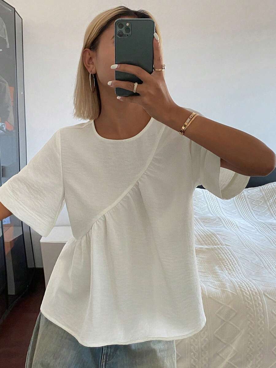 DAZY Women's Solid Color Loose Short Sleeve Round Neck Pleated Casual Vacation Summer Top Blouse School Thin Clothing - White - View 1