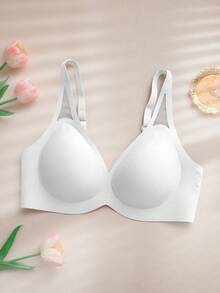 1pc Women's Seamless Wireless Bra, V-Neck Gather Jelly Soft Support Comfortable Solid Color Mesh Hollow-Out Bra With Molded Cup Wedding - White - View 4