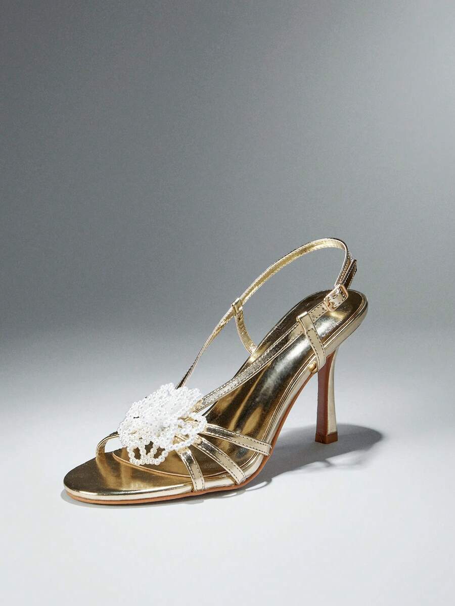 SHUZIA Women's Elegant Minimalist Pearl Floral Decor Back Strap Stiletto Heel Sandals - Gold - View 1