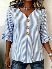 Breezaya New Women's Casual Loose Slimming Ruffle Trim Short Sleeve V-Neck Striped Shirt - Blue - View 3