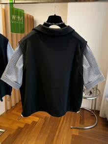 Resyla Fashion Patchwork Striped Casual Women's Commute Daily Home Top - Black - View 2