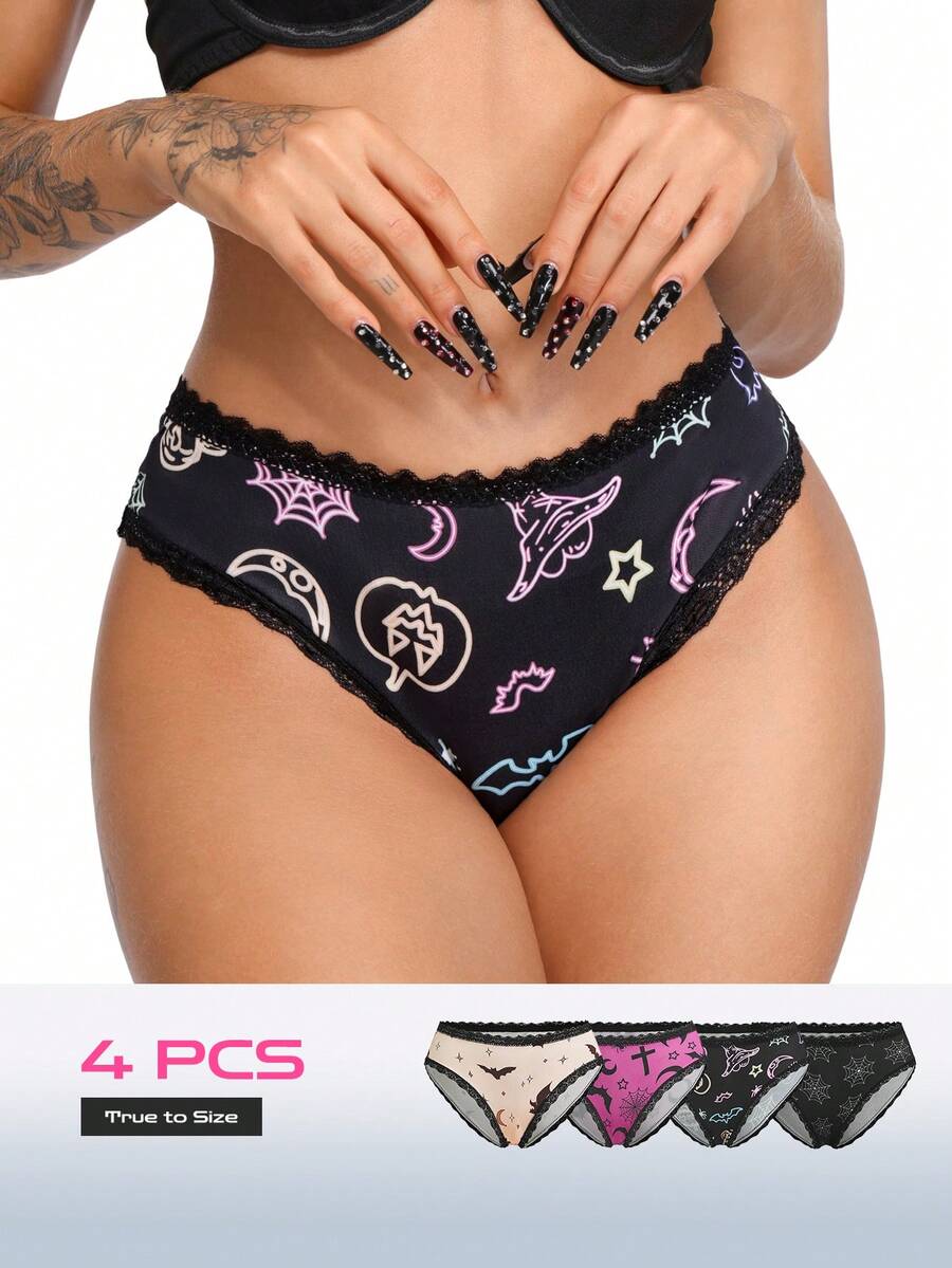 AltBold Set 4 pcs Celana Dalam Wanita Seksi Motif Grafis Y2K Model Segitiga - MultiWarna - View 1