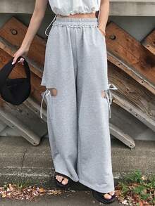 DAZY Women's Casual Versatile Loose Hollow Out Long Pants - Grey - View 6