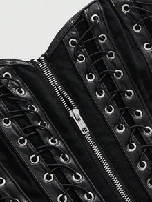 ROMWE Grunge Punk Punk Lace-Up Design Cross Pendant Fitted Bandeau Denim Top For Women - Black - View 3