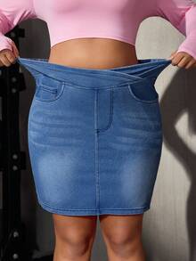 Flexra Plus Size Women's Fall Summer Casual Criss-Cross Waist Elastic Denim Mini Skirt Waist Corset Buttock Lift Sportswear Work Outfits For Women - Medium Wash - View 5
