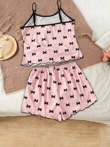 (Random 1 Set) Tween Girls Pajamas Bow Print Camisole Top With Short Sleeve Combination Loungewear - Multicolor - View 2