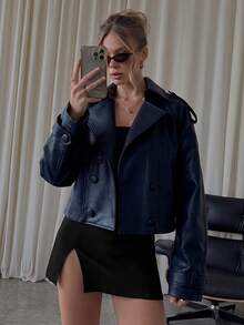 SHEIN BAE 女款時尚PU材質鈕扣長袖風衣 夜出穿搭 海軍藍 秋季街頭風 - 藏蓝色 - 查看 7