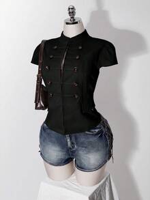 SHEIN ICON 女款大尺碼雙排扣短袖外套睡衣 外出穿著 黑色 夏季鄉村風 - 黑色 - 查看 3