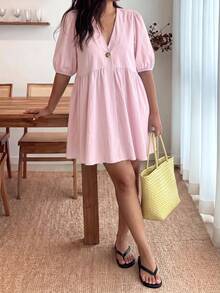 Enliva Plus Size Women's Ruffled Puff Sleeve V-Neck Dress - Baby Pink - View 3