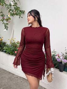 SHEIN EZwear 酒紅色純色聚酯纖維網布內裡雙層側抓皺不對稱下擺大尺碼洋裝 秋季 - 酒紅色 - 查看 5