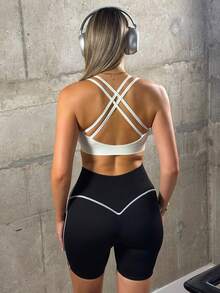 hollyjadebate 1pc Women's Ribbed Contrast Color Waistband Basic Running, Fitness, Exercise, Cycling Sports Shorts Workout Weight Loss - Black and White - View 5