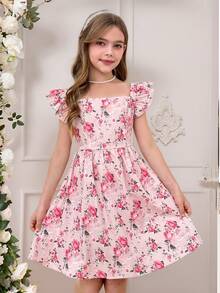 SHEIN Serisse Kids 少女粉色碎花夏季可愛派對洋裝，梭織小碎花方領荷葉邊收腰後背蝴蝶結裝飾，法式優雅公主風婚禮禮服 - 粉色 - 查看 2