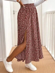 SHEIN Tall CURVE 大尺碼碎花高開衩裙，休閒度假風 - 彩色 - 查看 3