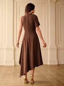 ZEYLAH Spring/Summer Asymmetric Hem Asymmetrical Shoulder Dress - Coffee - View 4