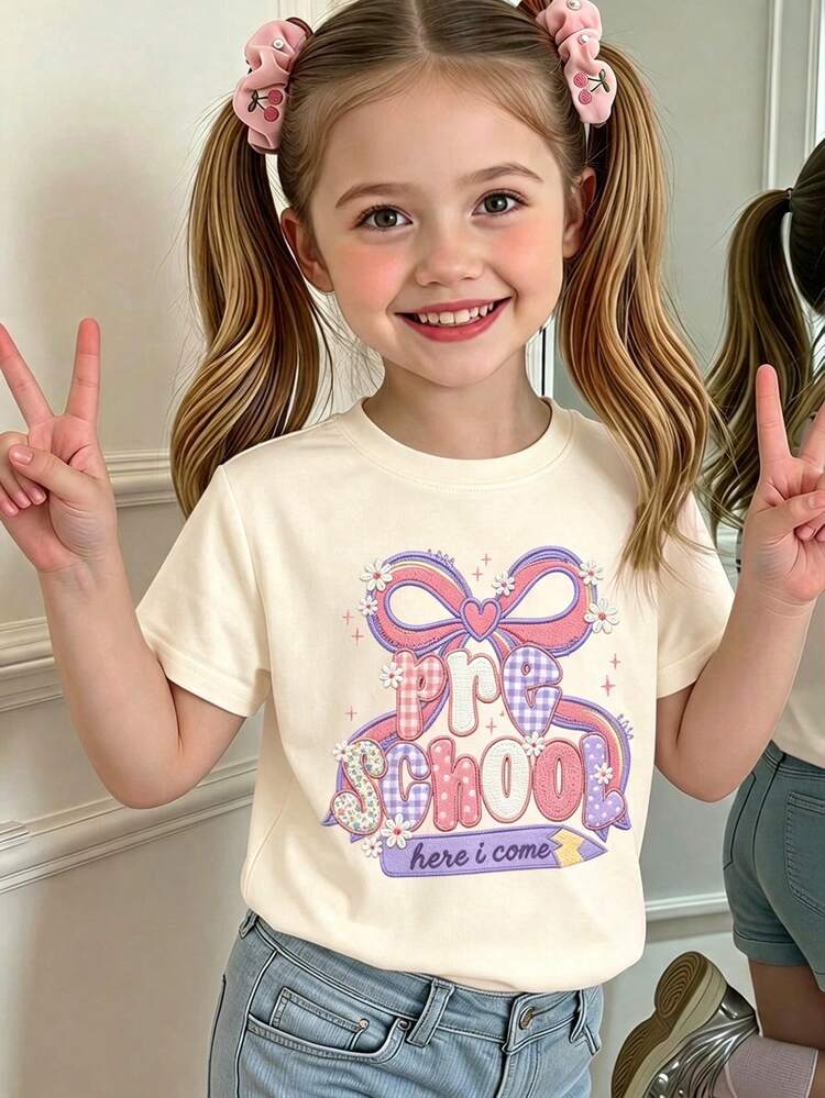 Pale Apricot, Cute Sweet Bow & Letter Applique Embroidery Pre-School, Here I Come! Young Girl Casual Comfortable Back To School Short Sleeve T-Shirt Suitable For Daily, Campus, Girly Style, Stylish Girl - Multicolor - View 3