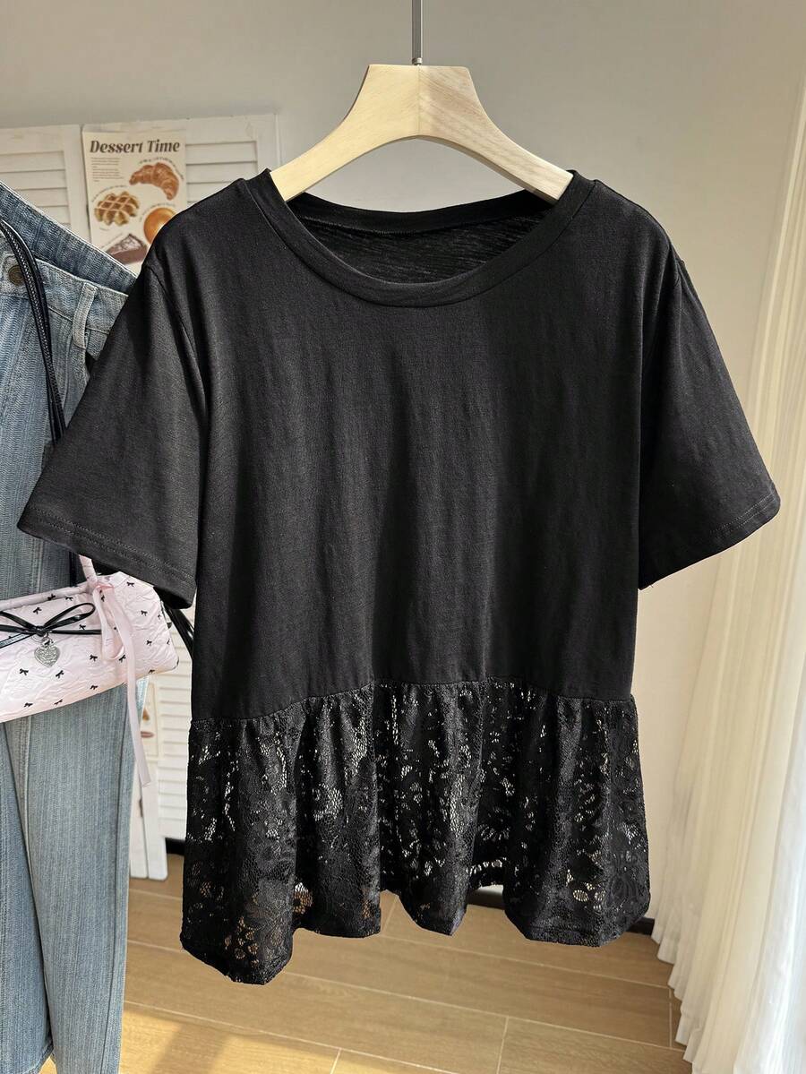 Comfortcana Women's Plus Size Round Neck Patchwork A-Line Solid Color Cotton Doll T-Shirt - Black - View 1