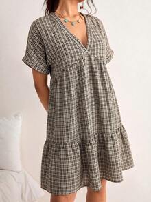 Freevana Plus Size Plaid Batwing Sleeve Ruffle Hem Loose Dress, Beach Vacation Bohemian Style - Black - View 6
