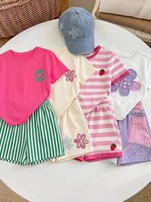 Regreso a la Escuela Camiseta Básica Casual con Estampado de Flores de Fresa, Rayas y Patchwork Floral Colorido para Niñas Jóvenes, Shorts de Verano - Multicolor - Ver 2