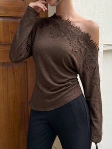 Siren Gaze Women's Solid Color Contrast Lace Asymmetric Shoulder Long Sleeve Fashion Top - Chocolate Brown - View 4