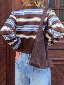 SHEIN Frenchy Cárdigan ligero de mujer casual retro con rayas marrones, cuello en V, manga larga, abotonado simple, estilo preppy, para volver a la escuela, suéter de otoño e invierno para uso diario - Multicolor - Ver 2