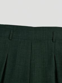 SHEIN Clasi Plus Size Women Dark Green Textured Paperbag Ruffle Elastic Back Waist Pleated Wide Leg Suit Pants Elegant Office Commute Daily Casual Trousers Fall - Blue - View 3