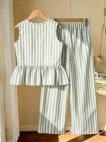 SHEIN Tween Girls 2pcs/Set Sleeveless Shirt With Bow Buttons And Elongated Pants Set, Summer, Cute, Casual, Outfit - Multicolor - View 3