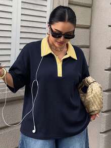 Livesso 對比色拼接寬鬆條紋 Polo 領中袖休閒夏季大尺碼女款 T 恤 - 藏蓝色 - 查看 5
