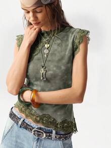 Bohemela Tank Top Rajut Kasual dengan Detail Renda Kontras untuk Wanita - Hijau Tentara - View 6