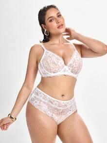 Slumbrini 3pcs White Underwire High Support High Coverage Bra + 2 Panties Lace Patchwork Elegant Classic Plus Size Lingerie Set White Lingerie - White - View 5