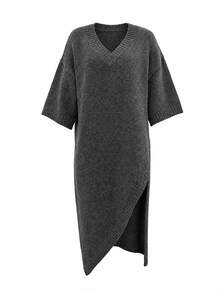 LUMIGAL Women's V-Neck Dropped Shoulder Short Sleeve Loose Asymmetric Slit Hem Mid-Length Sweater - Dark Grey - View 4