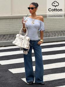 Muchica Hellgraues gestricktes Damen-T-Shirt mit asymmetrischem Off-Shoulder-Design und Fledermausärmeln, elegante lässige Bluse für Damen - Hellgrau - Übersicht 6
