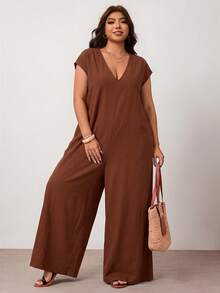 Enliva Plus Size Black Cotton Jumpsuit With Loose V-Neck And Pockets - Brown - View 3