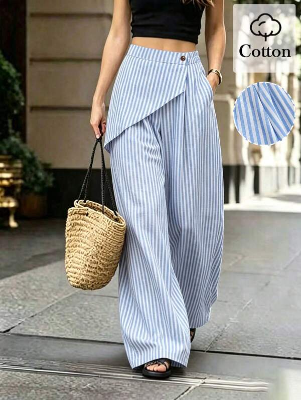 SHEIN Women's Blue & White Striped Wide Leg Pants, Summer Flowy Elastic Casual Trousers, Suitable For Brunch, Vacation, Holiday, Business Occasions