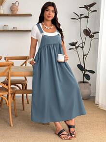 Enliva Plus Size Loose Black Strap Dress - Blue - View 6