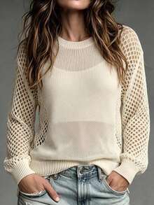 Linhara CURVE 1 buah Sweater Rajut Kasual Wanita Ukuran Plus, Leher Bulat, Raglan, Berongga, Lengan Panjang, Model Pendek, Modis, Cocok untuk Perjalanan Sehari-hari dan Liburan, Cocok untuk Musim Semi dan Musim Panas - Krem - View 1