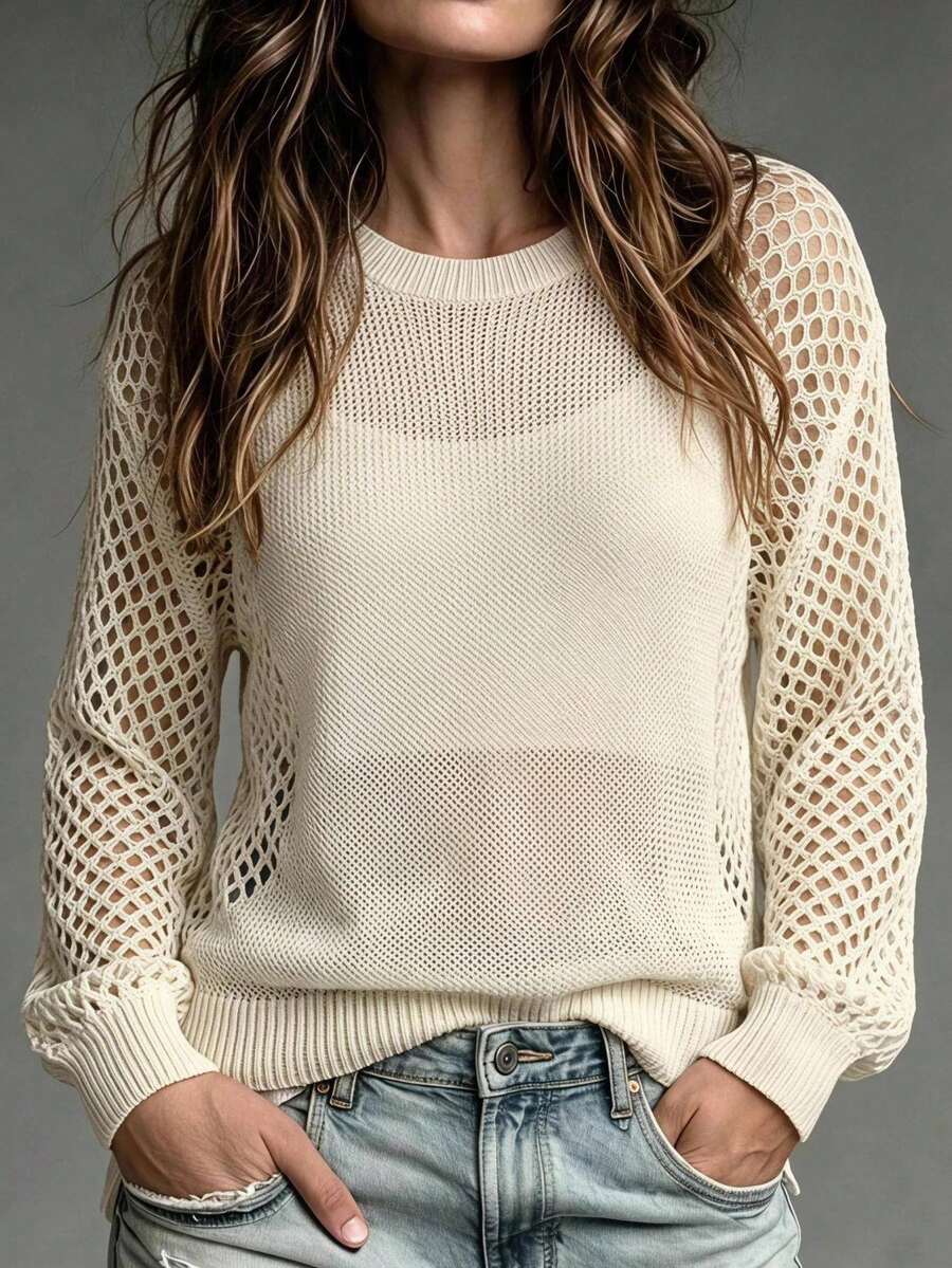 Linhara CURVE 1 buah Sweater Rajut Kasual Wanita Ukuran Plus, Leher Bulat, Raglan, Berongga, Lengan Panjang, Model Pendek, Modis, Cocok untuk Perjalanan Sehari-hari dan Liburan, Cocok untuk Musim Semi dan Musim Panas - Krem - View 1