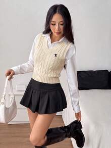 SHEIN PETITE 女款時尚街頭騎士刺繡麻花針織背心外套 - 杏色 - 查看 5
