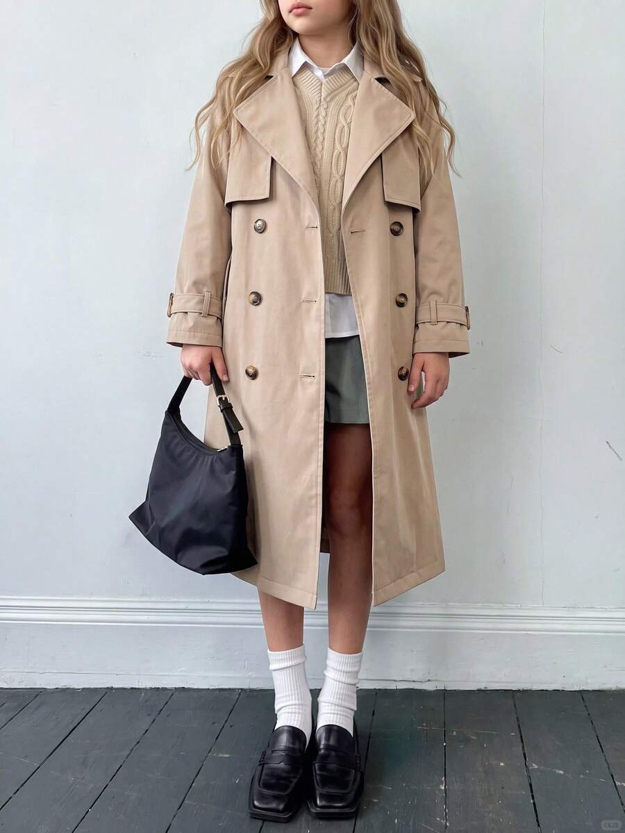 Tween Girls Beige Long Sleeve Elegant Commuter Zip Up Waist-Cinching Hooded Mid-Length Jacket With Webbing, Fall, Solid, Minimalist, Back To - Apricot - View 1