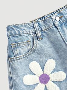 Girlism 青少年女孩拼接刺繡破洞鈕扣口袋牛仔長褲 - 紫色 - 查看 5