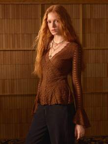 MOTF PREMIUM LACE PATCHWORK V-NECK BELL SLEEVE ROMANTIC WOMEN'S TOP - Coffee Brown - View 4