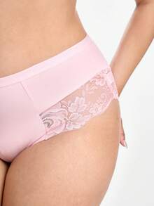 Slumbrini 1pc Plus Size Women's Lace Patchwork Underwear - Pink - View 9
