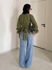 Solavon 女款休閒通勤刺繡百褶襯衫 - 軍綠色 - 查看 7
