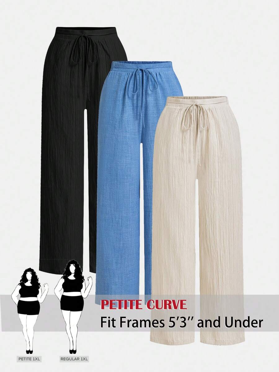 SHEIN PETITE CURVE Plus Size Women Solid Color Waist Tie Wide Leg Long Pants - Multicolor - View 1