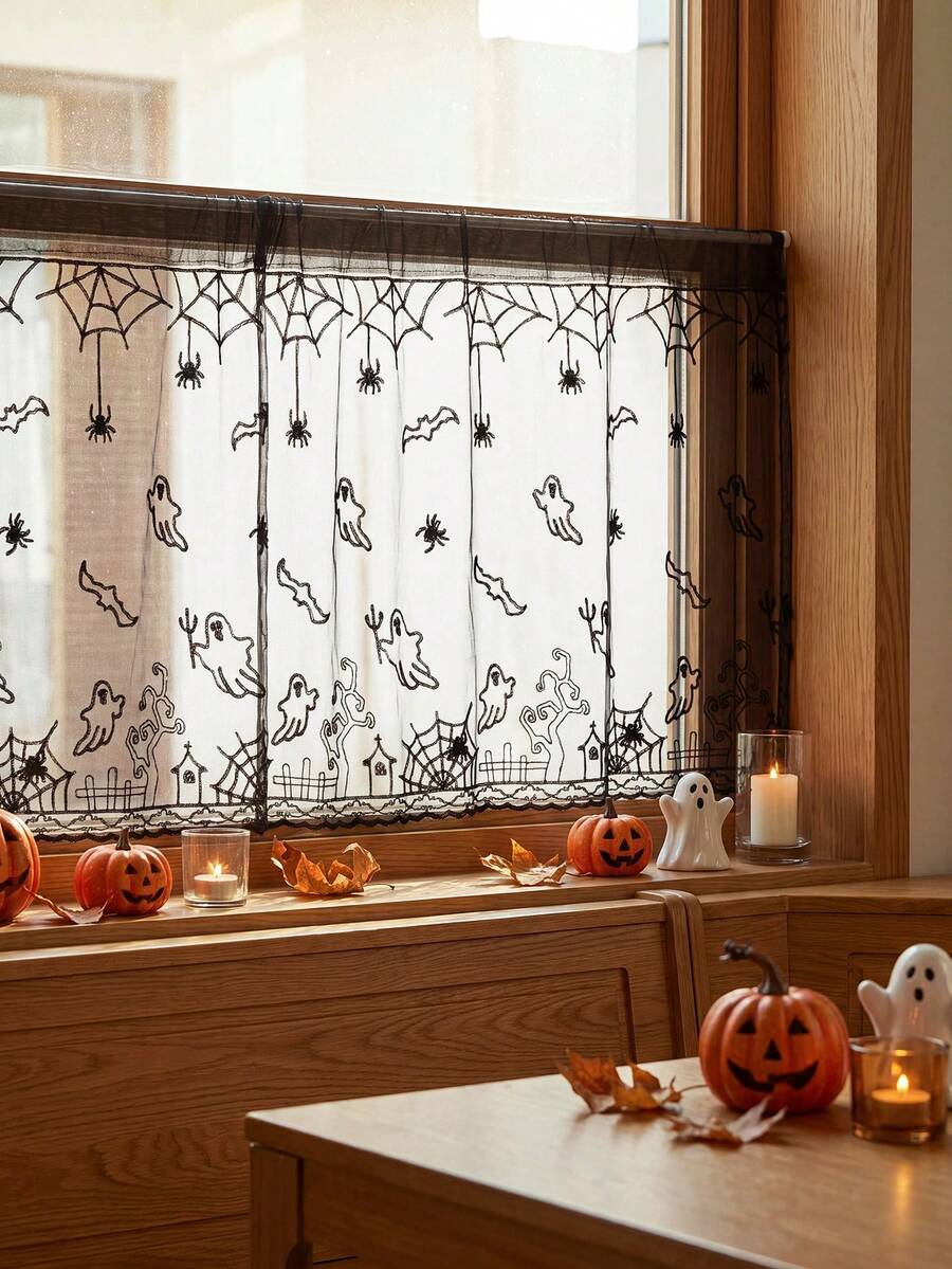 Pack Of 1, Grid Yarn Embroidery Ghost Pattern Small Gauze Curtain, Partition Coffee Curtain, Door Curtain, Halloween Decoration - Black - View 1