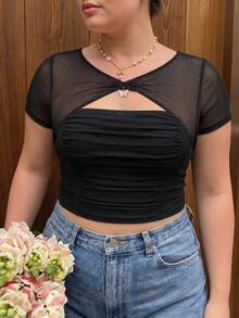 SHEIN MOD Plus Women's Black Sheer Mesh Patchwork Ruched T-Shirt Butterfly Detail Short Sleeve Round Neck Slim Fit Top For Spring Party - Black - View 1