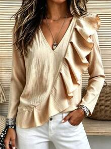 SHEIN Women's Autumn Beige Textured V-Neck Asymmetrical Large Ruffle Long Sleeve Diagonal Cut Loose Flattering Elegant Romantic Blouse Day Party Date - Apricot - View 3