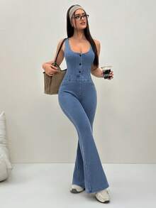 Flexra Women's Sexy Street Style Button Waist Denim Jumpsuit With Flared Legs - Blue - View 6