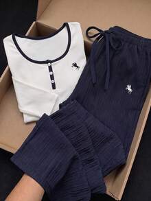 SHEIN EZwear 大尺碼女款馬術印花長袖上衣與長褲休閒日常兩件套 秋季 - 藍白色 - 查看 1