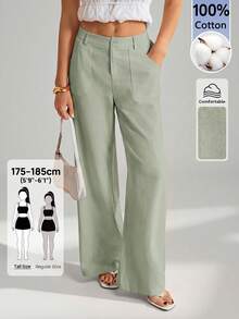 SHEIN Tall 100% Washed Cotton Low Waist Straight Pants - Olive Green - View 4